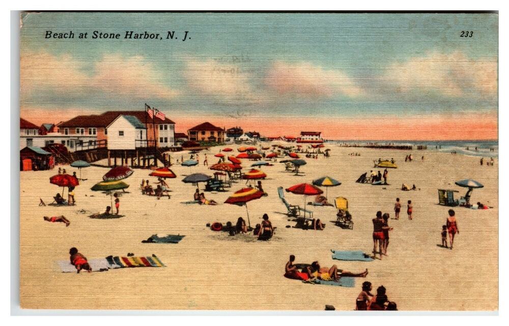 Vintage Linen Postcard Beach at Stone Harbor, NJ 1948 Busy Scene